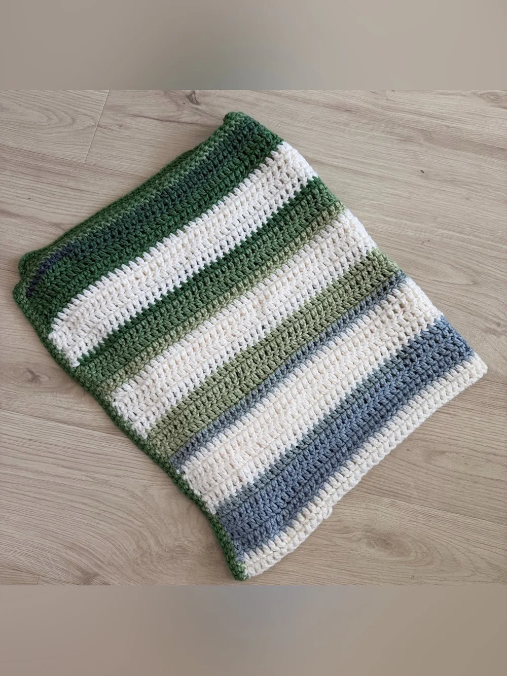 Handmade Crochet Baby Blanket Green Blue Cream Striped Nursery